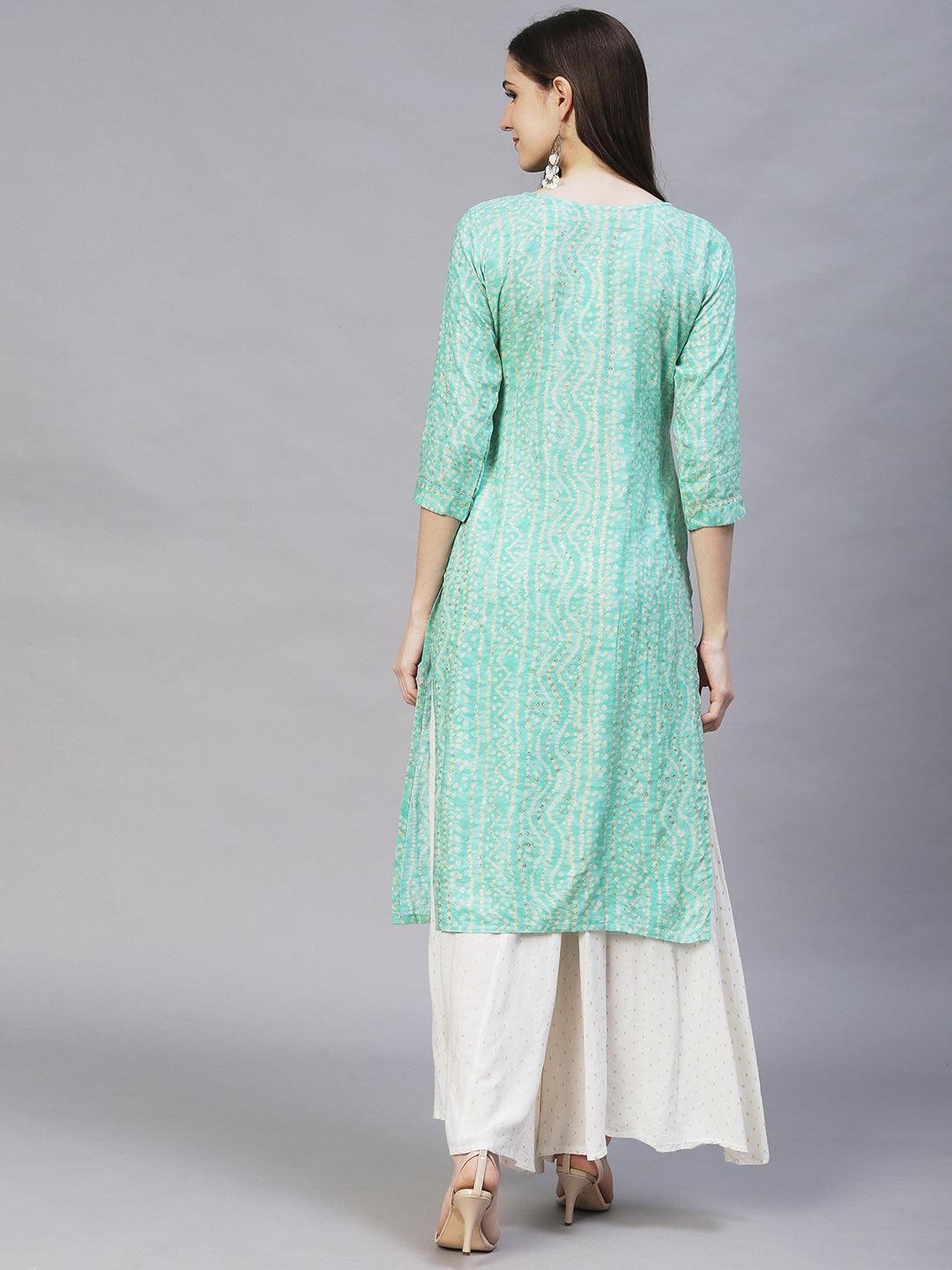 Bandhani Printed & Embroidered Straight Fit Kurta – Mint Green - Indiakreations