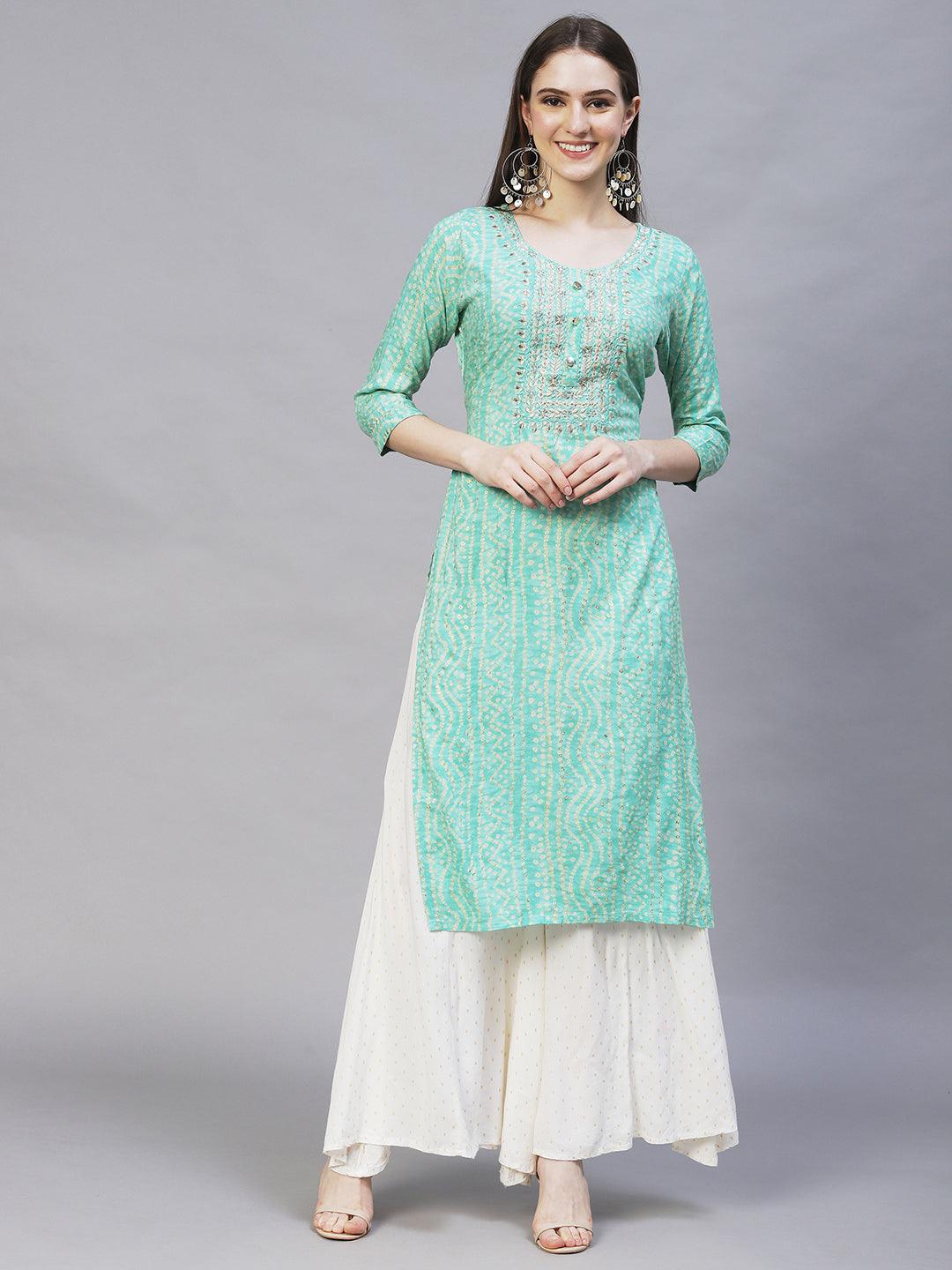 Bandhani Printed & Embroidered Straight Fit Kurta – Mint Green - Indiakreations