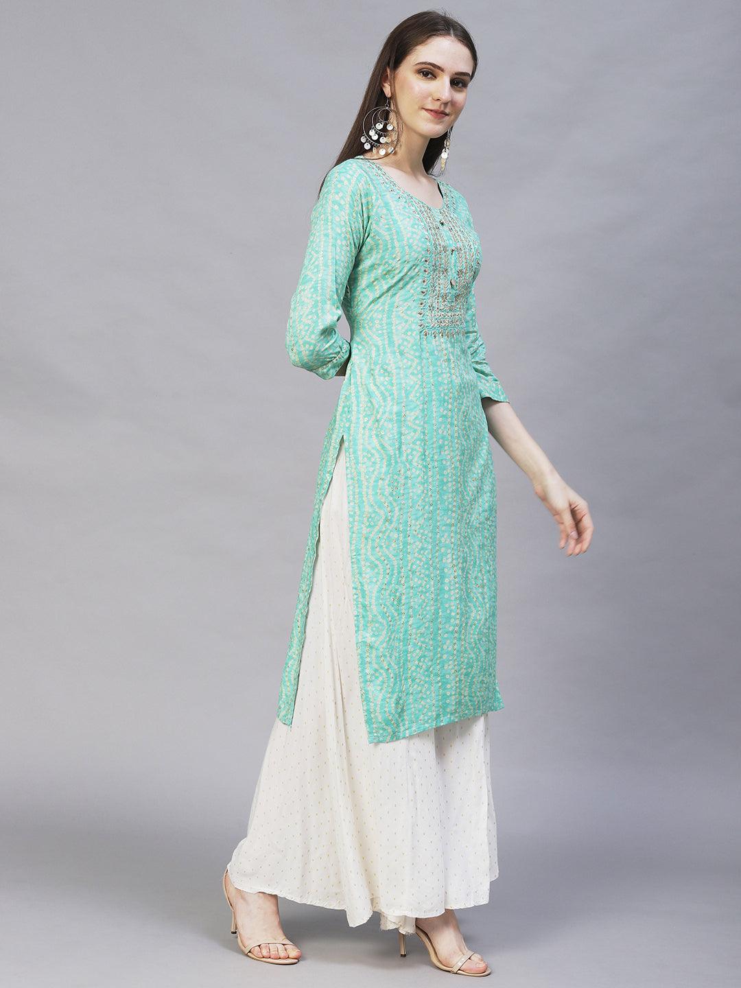 Bandhani Printed & Embroidered Straight Fit Kurta – Mint Green - Indiakreations