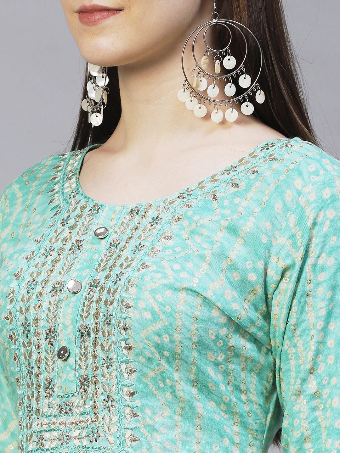 Bandhani Printed & Embroidered Straight Fit Kurta – Mint Green - Indiakreations