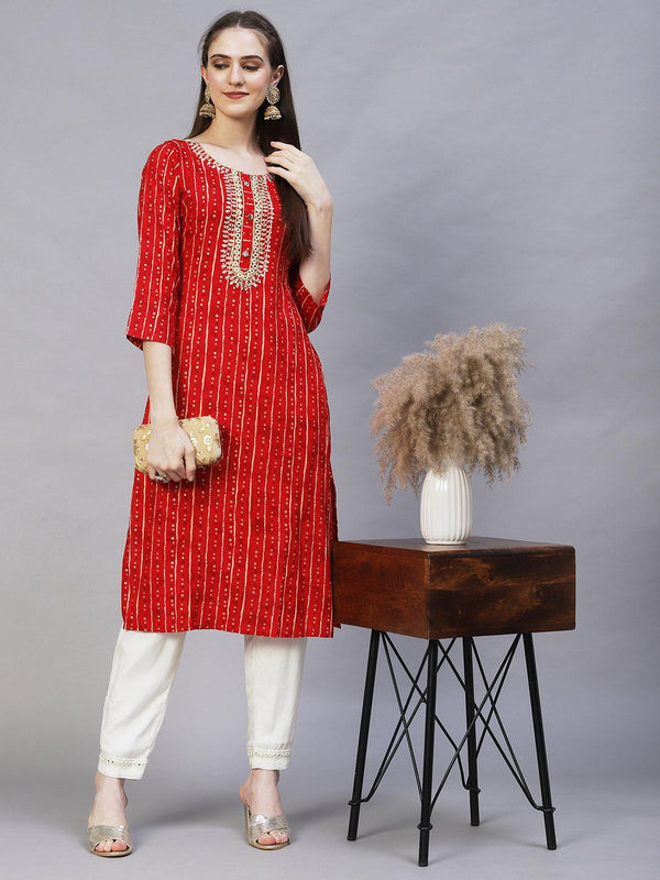 Ethnic Printed & Mirror Embroidered Straight Fit Kurta – Red - Indiakreations