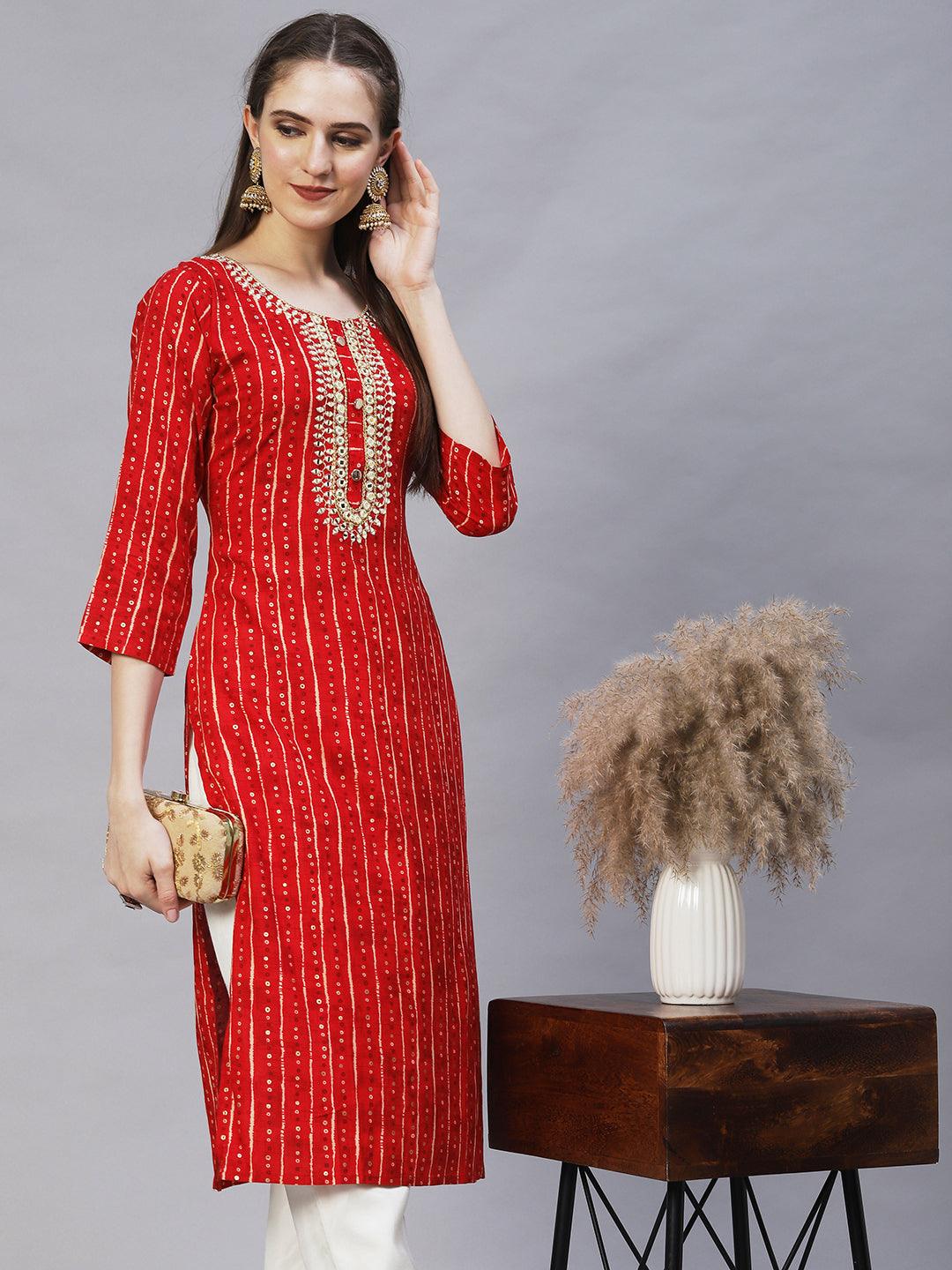 Ethnic Printed & Mirror Embroidered Straight Fit Kurta – Red - Indiakreations