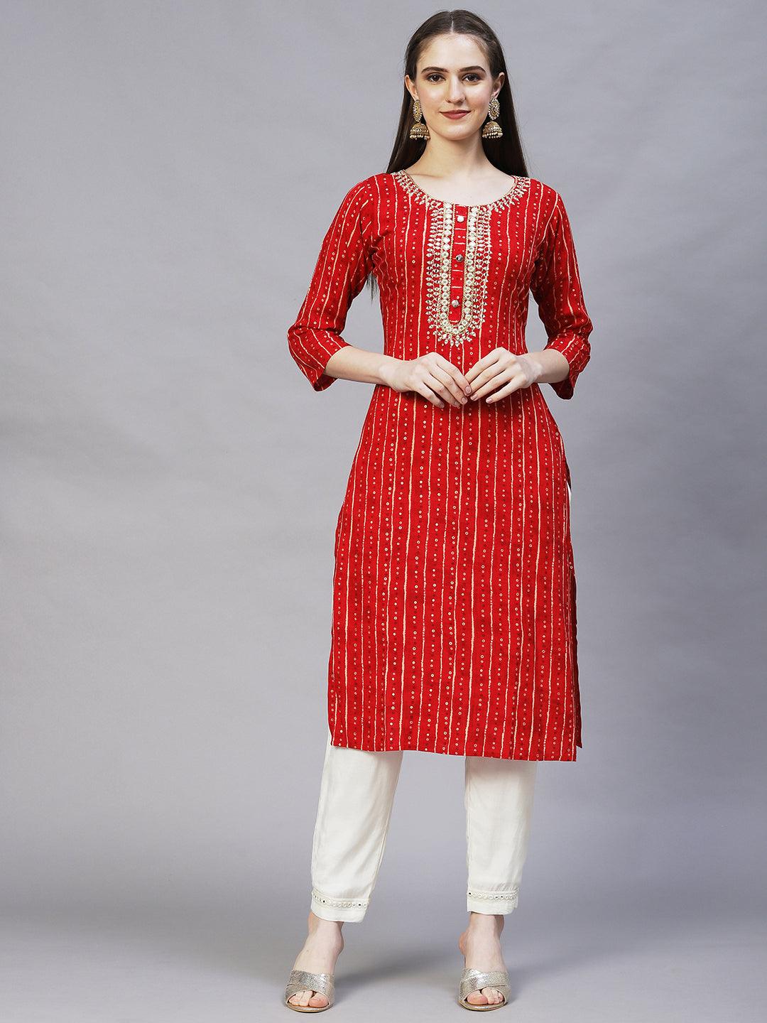 Ethnic Printed & Mirror Embroidered Straight Fit Kurta – Red - Indiakreations