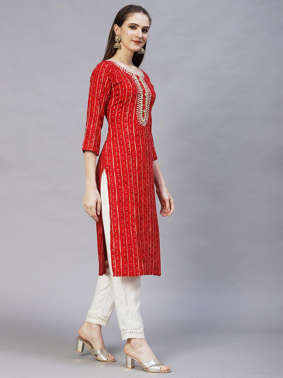 Ethnic Printed & Mirror Embroidered Straight Fit Kurta – Red - Indiakreations