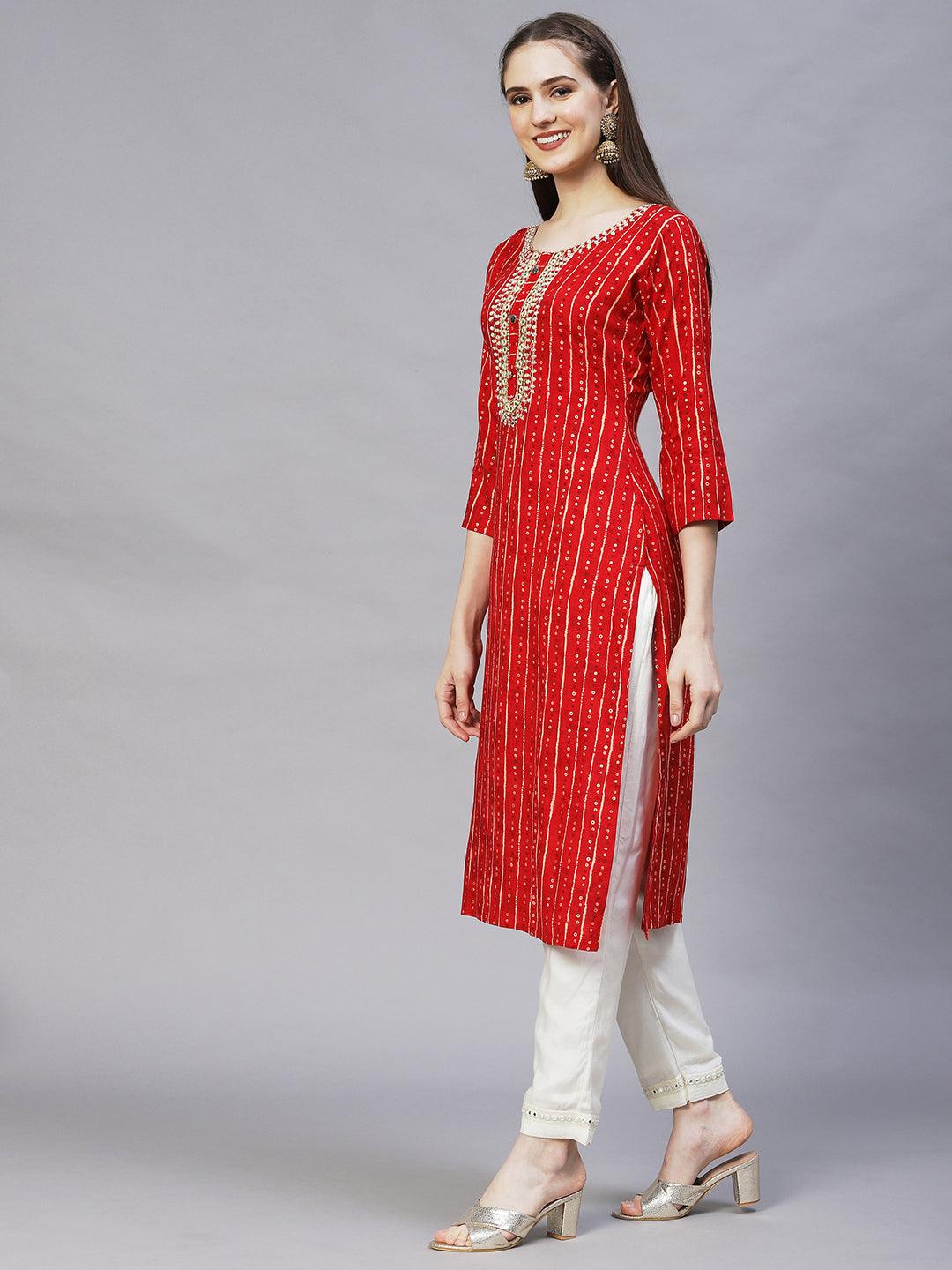 Ethnic Printed & Mirror Embroidered Straight Fit Kurta – Red - Indiakreations