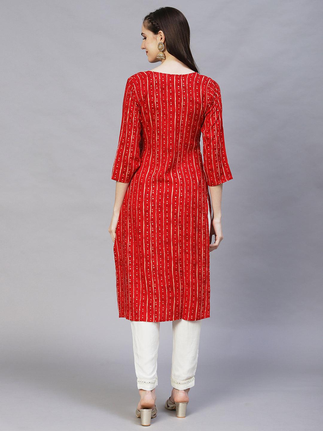 Ethnic Printed & Mirror Embroidered Straight Fit Kurta – Red - Indiakreations