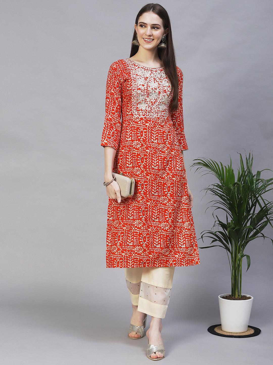 Ethnic Printed & Embroidered Straight Fit Kurta – Orange - Indiakreations