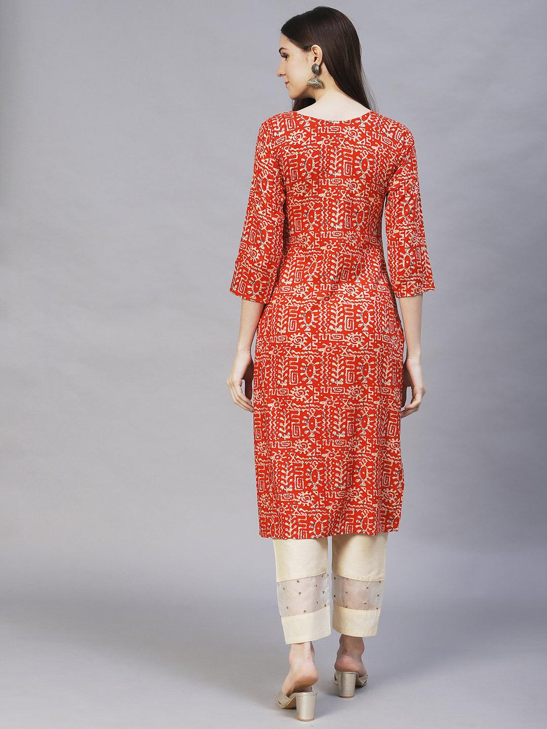 Ethnic Printed & Embroidered Straight Fit Kurta – Orange - Indiakreations