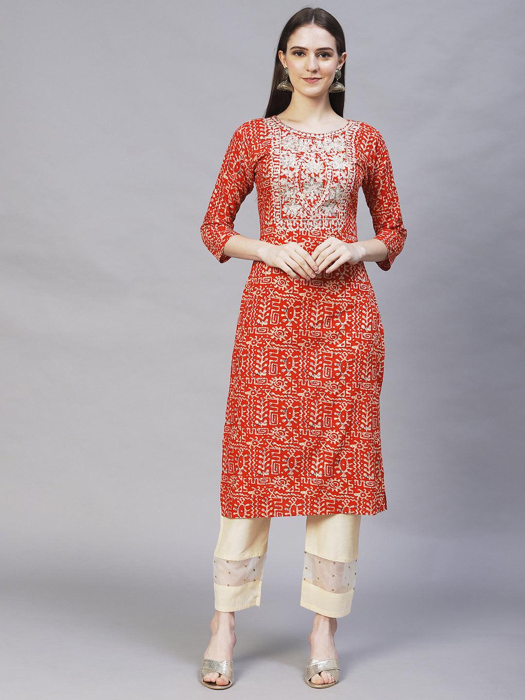 Ethnic Printed & Embroidered Straight Fit Kurta – Orange - Indiakreations