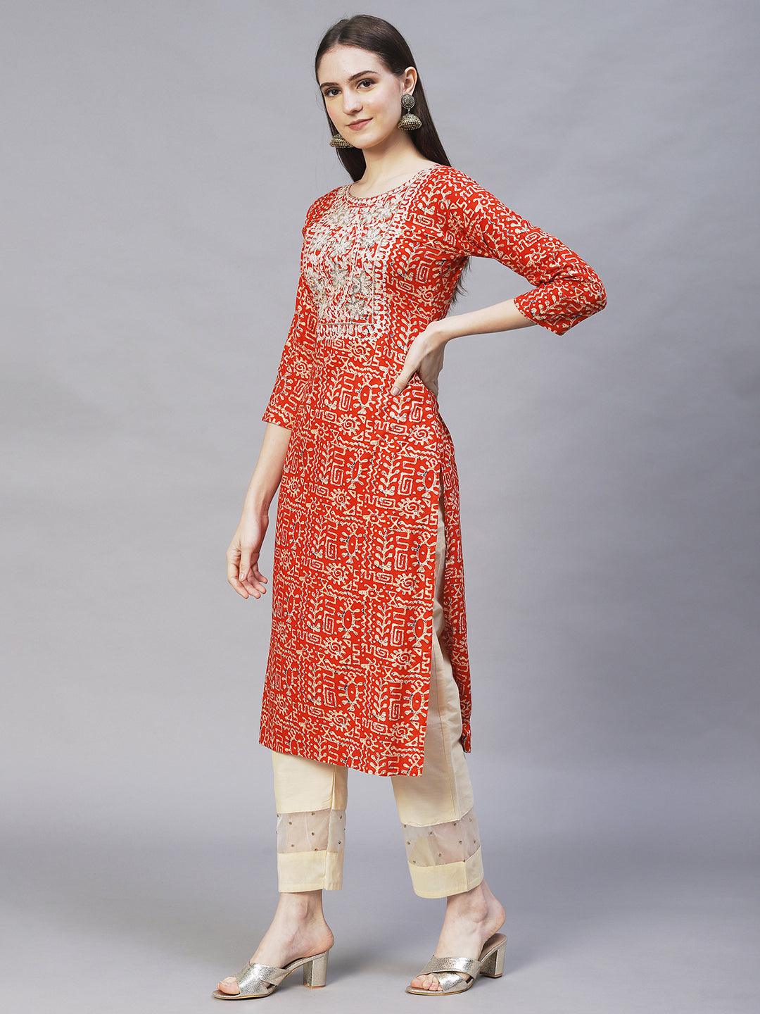 Ethnic Printed & Embroidered Straight Fit Kurta – Orange - Indiakreations