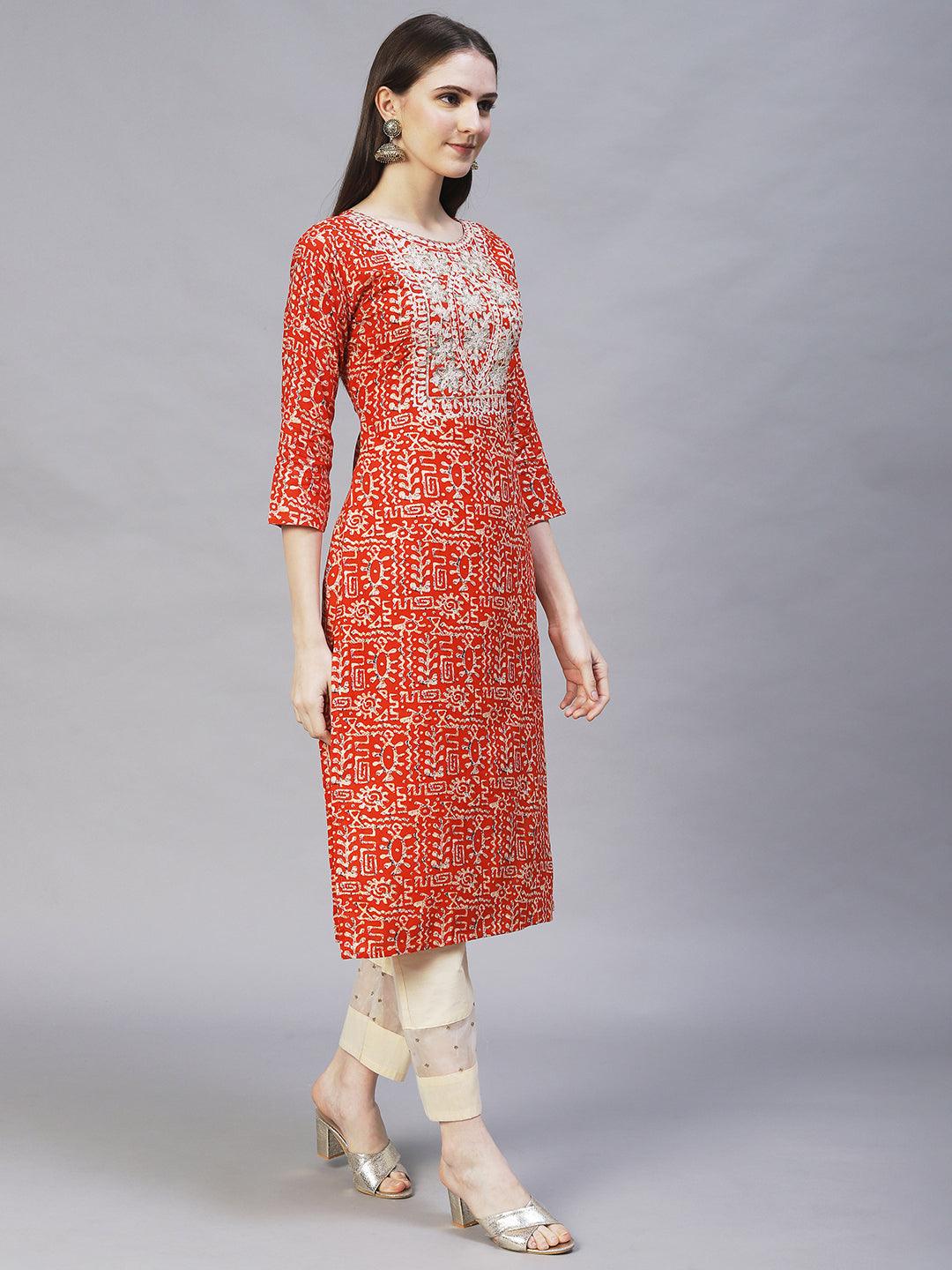 Ethnic Printed & Embroidered Straight Fit Kurta – Orange - Indiakreations