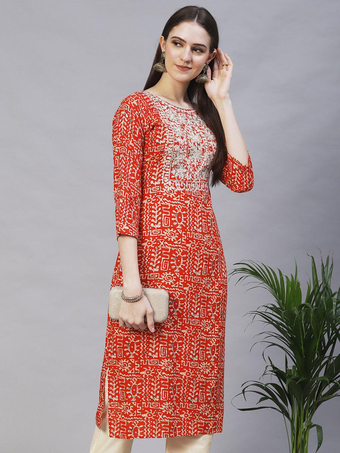 Ethnic Printed & Embroidered Straight Fit Kurta – Orange - Indiakreations