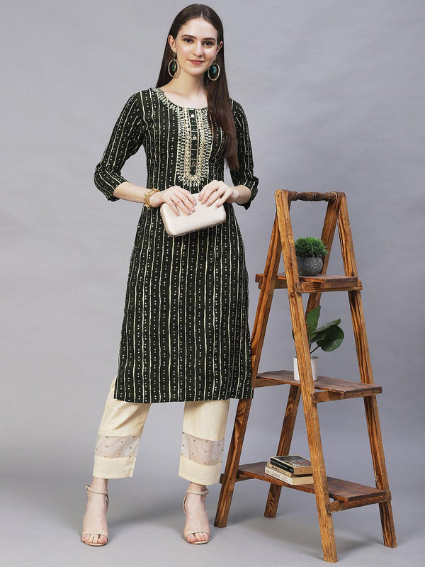 Bandhani Printed & Embroidered Straight Fit Kurta – Dark Green - Indiakreations