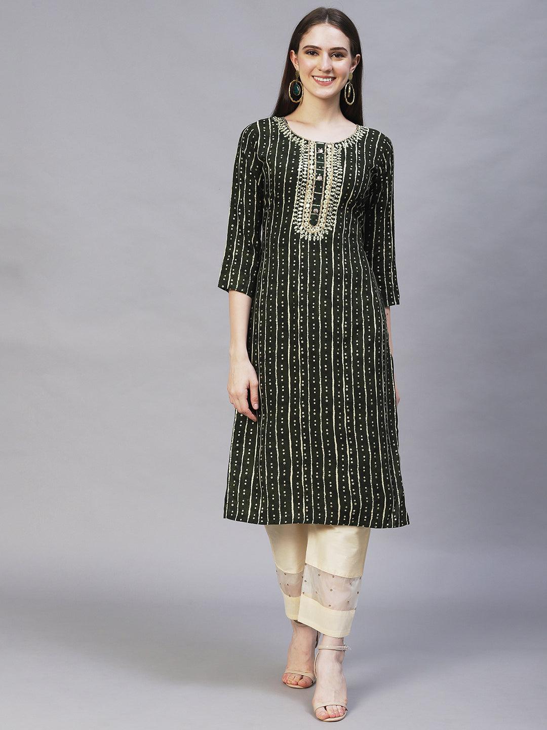 Bandhani Printed & Embroidered Straight Fit Kurta – Dark Green - Indiakreations