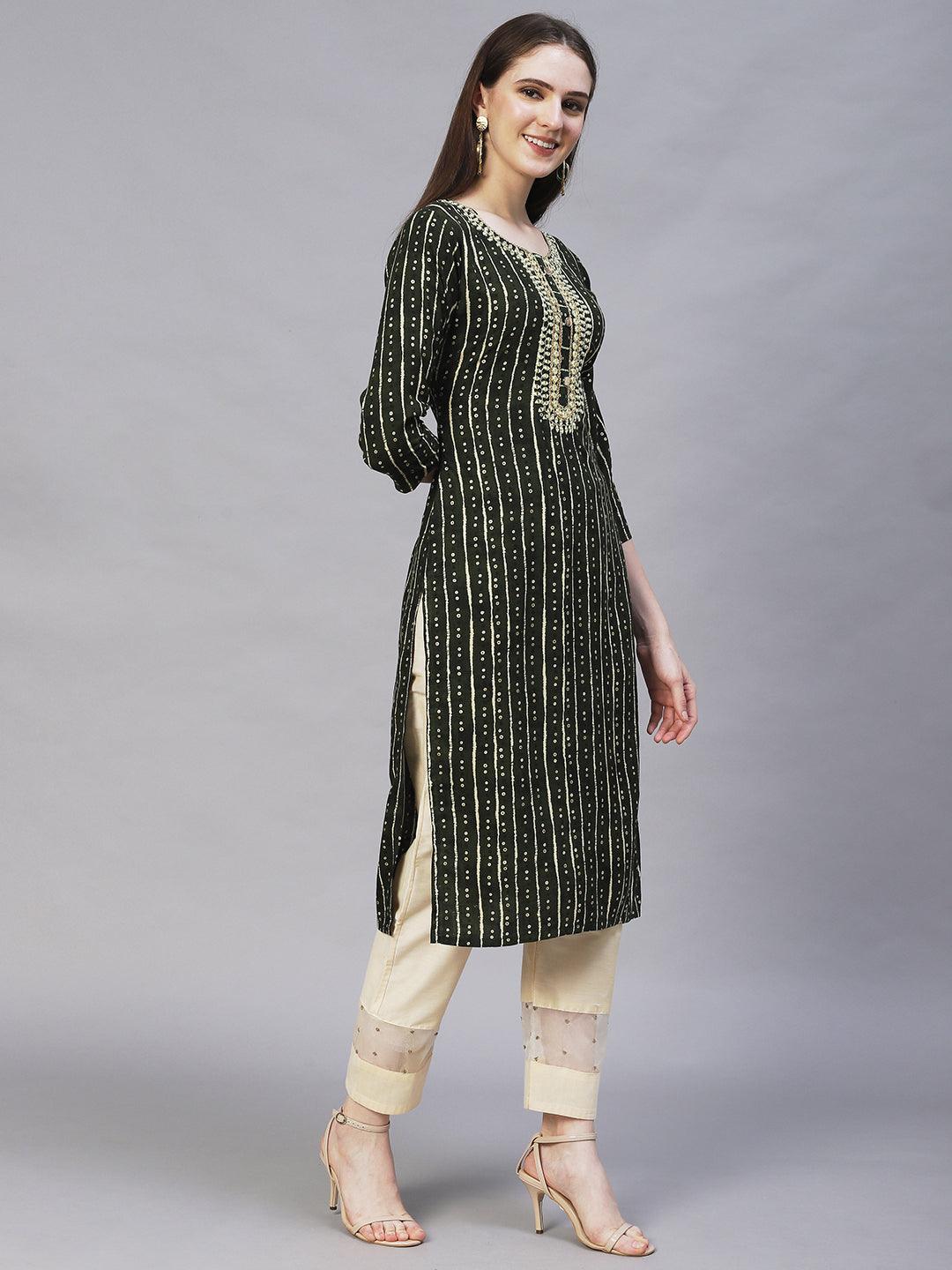 Bandhani Printed & Embroidered Straight Fit Kurta – Dark Green - Indiakreations