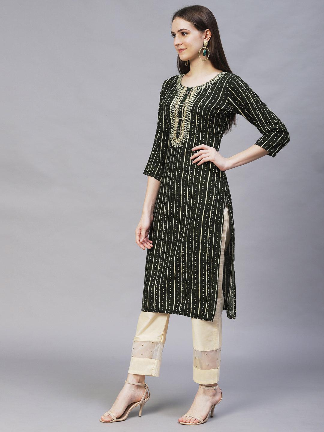 Bandhani Printed & Embroidered Straight Fit Kurta – Dark Green - Indiakreations