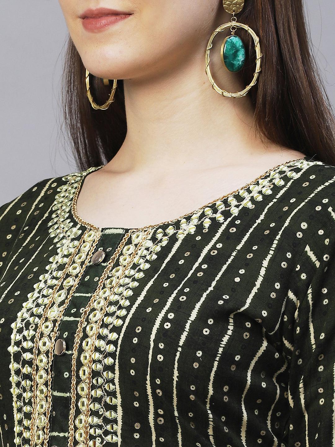 Bandhani Printed & Embroidered Straight Fit Kurta – Dark Green - Indiakreations