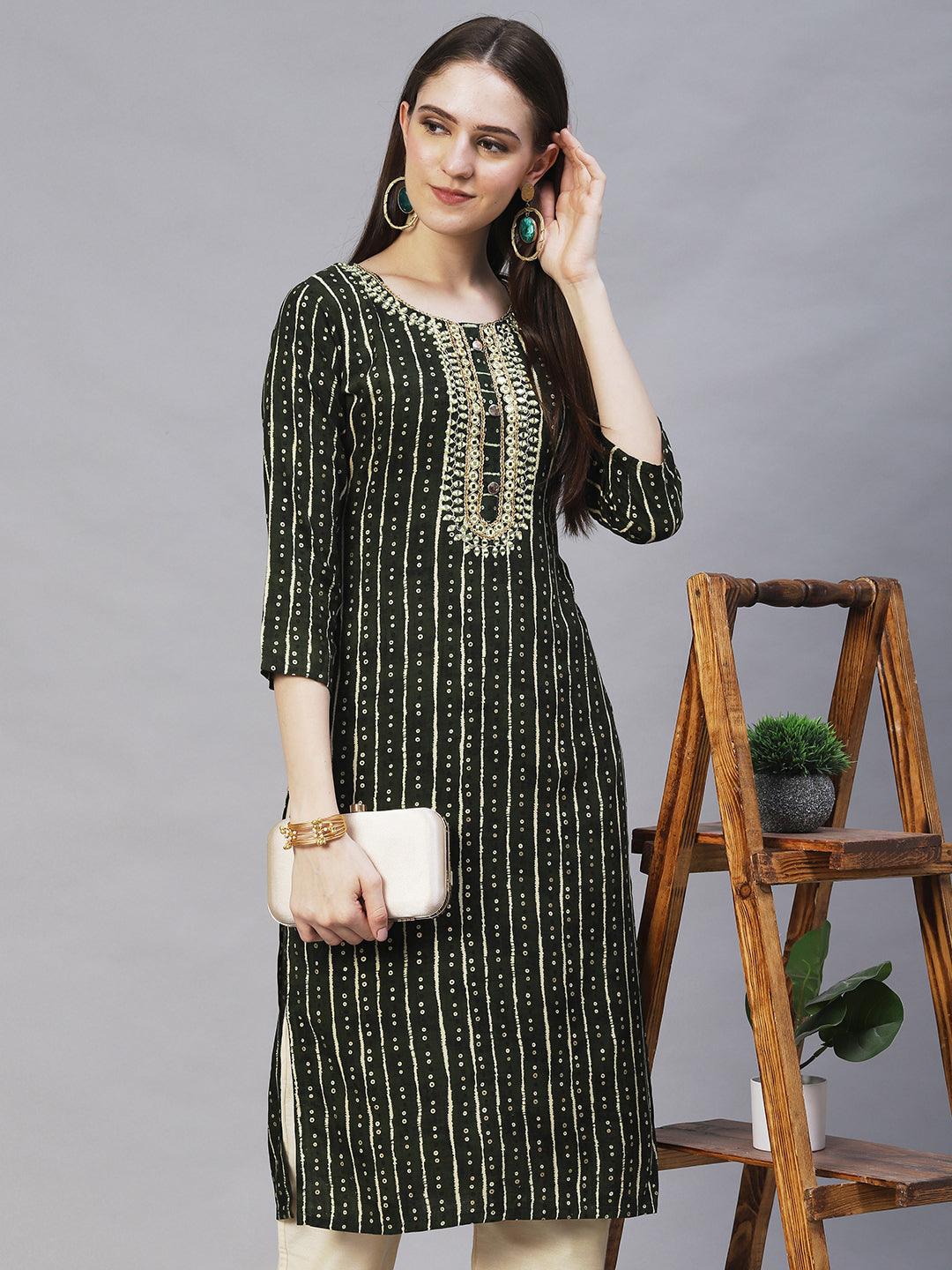 Bandhani Printed & Embroidered Straight Fit Kurta – Dark Green - Indiakreations