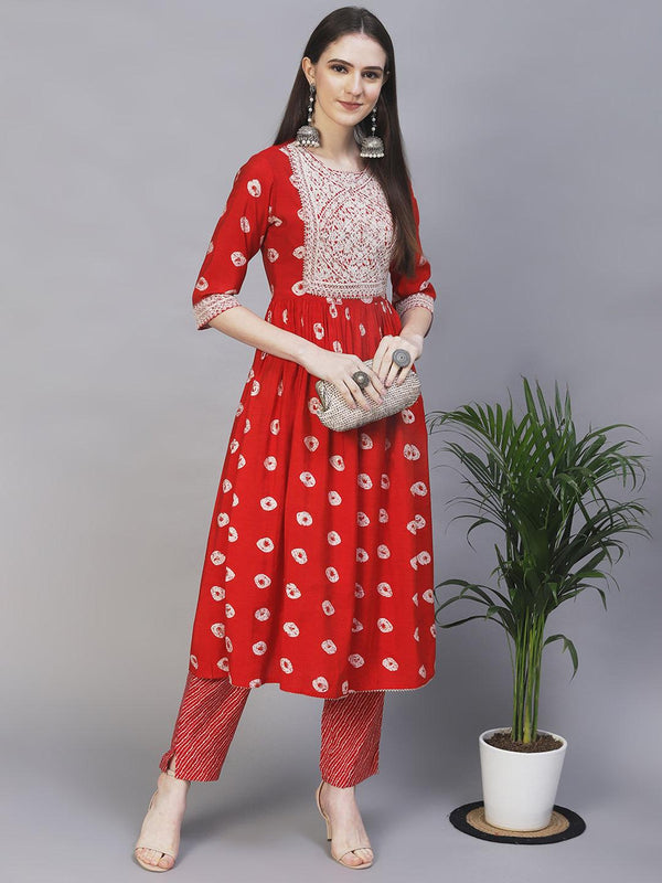 Ethnic Printed & Embroidered A-Line Kurta with Pants - Red - Indiakreations