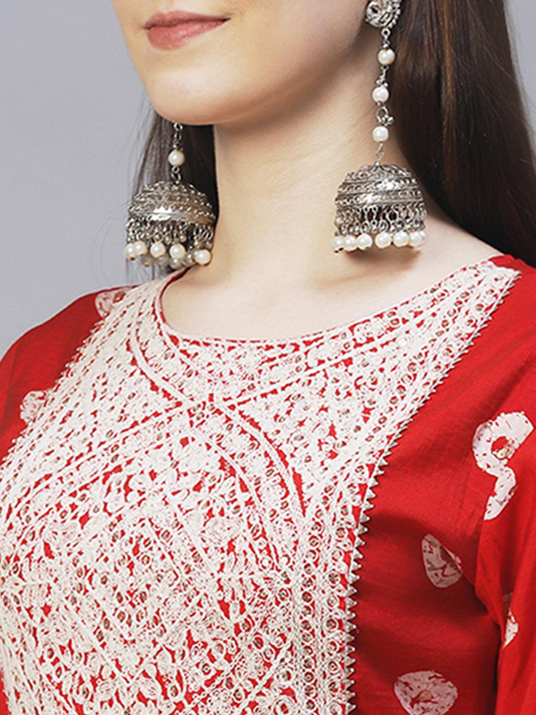 Ethnic Printed & Embroidered A-Line Kurta with Pants - Red - Indiakreations