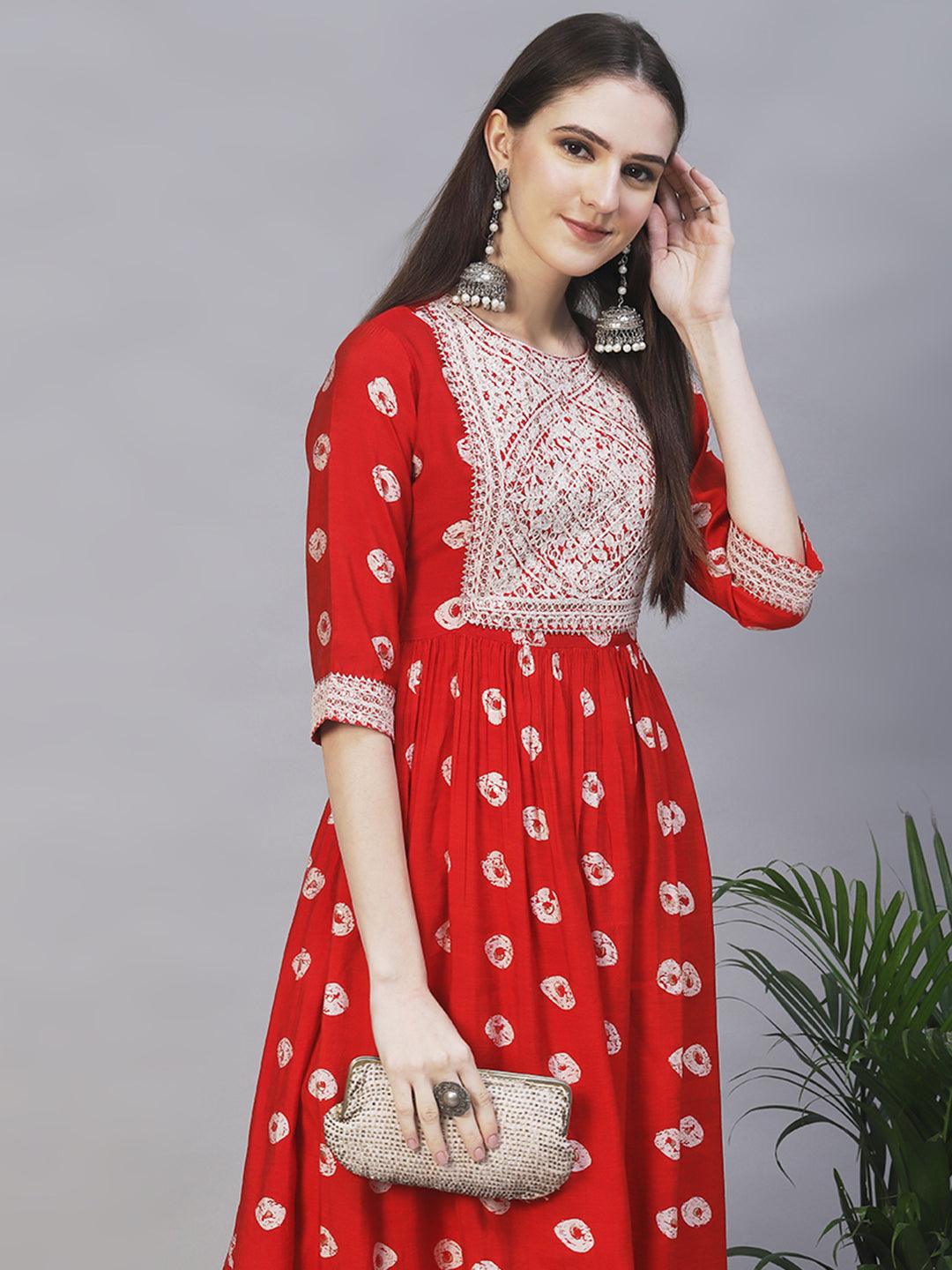 Ethnic Printed & Embroidered A-Line Kurta with Pants - Red - Indiakreations