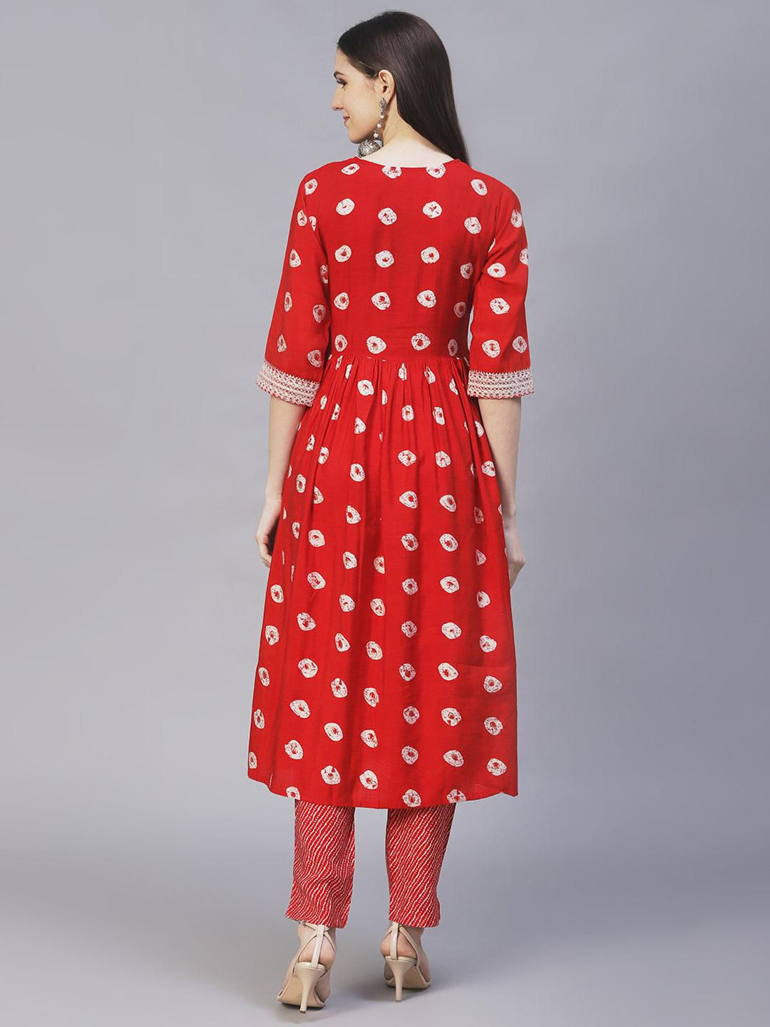 Ethnic Printed & Embroidered A-Line Kurta with Pants - Red - Indiakreations