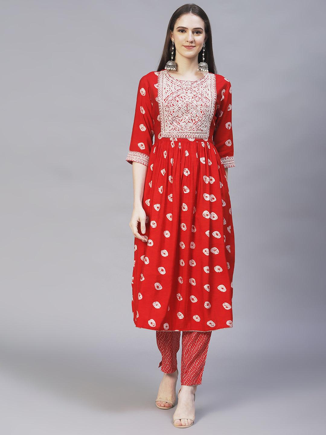 Ethnic Printed & Embroidered A-Line Kurta with Pants - Red - Indiakreations