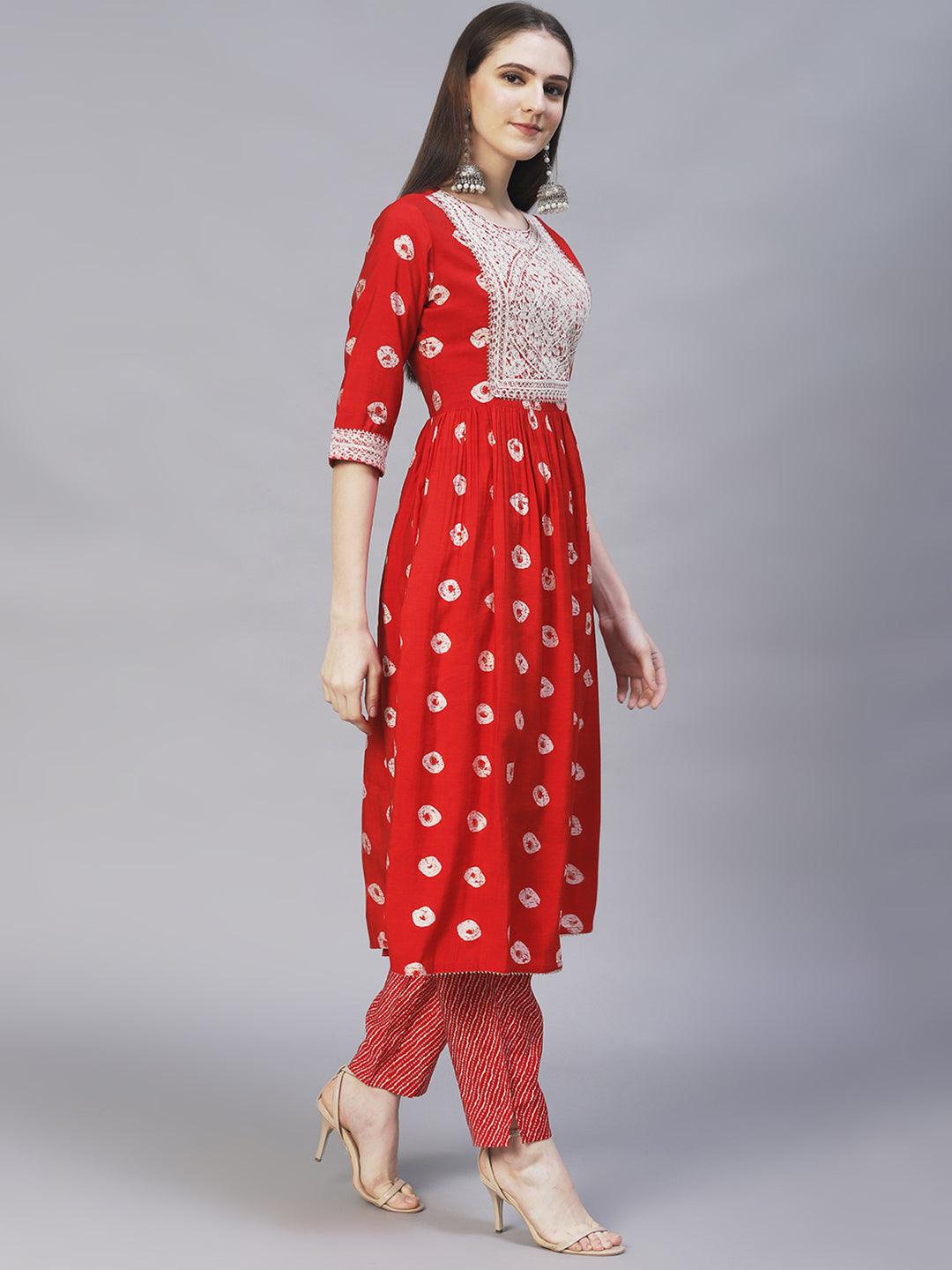 Ethnic Printed & Embroidered A-Line Kurta with Pants - Red - Indiakreations