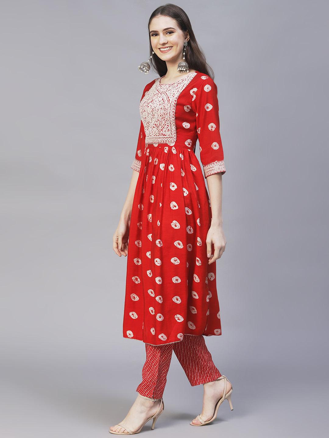 Ethnic Printed & Embroidered A-Line Kurta with Pants - Red - Indiakreations