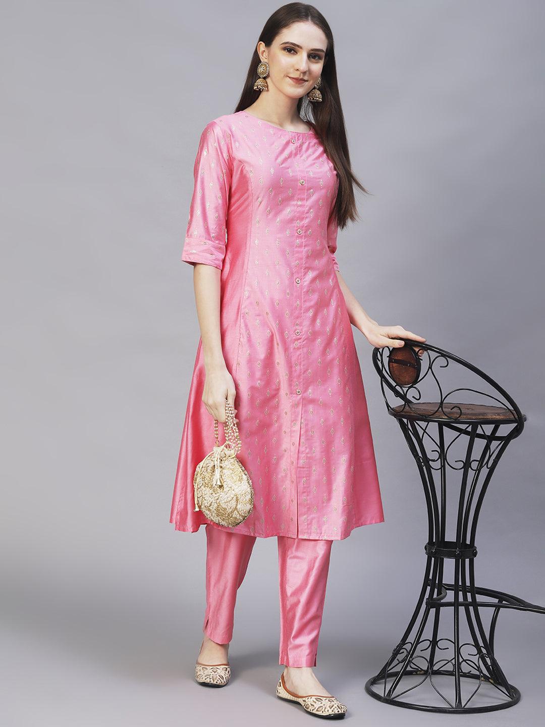 Ethnic Embroidered A-Line Flare Kurta with Pants - Pink - Indiakreations