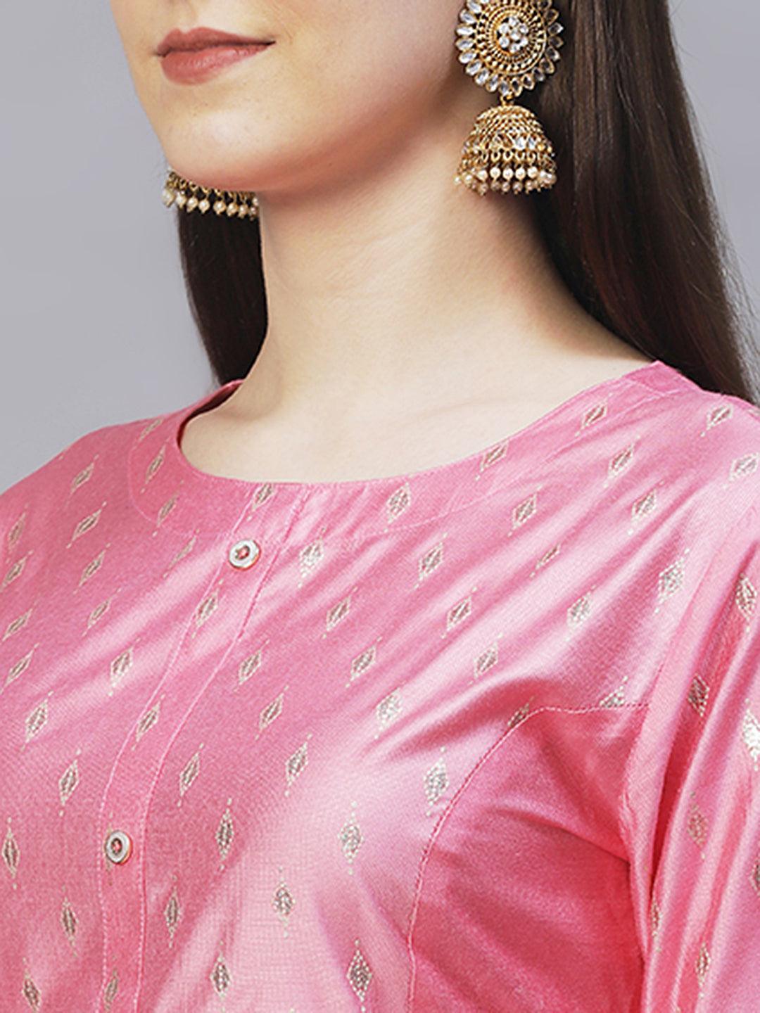 Ethnic Embroidered A-Line Flare Kurta with Pants - Pink - Indiakreations