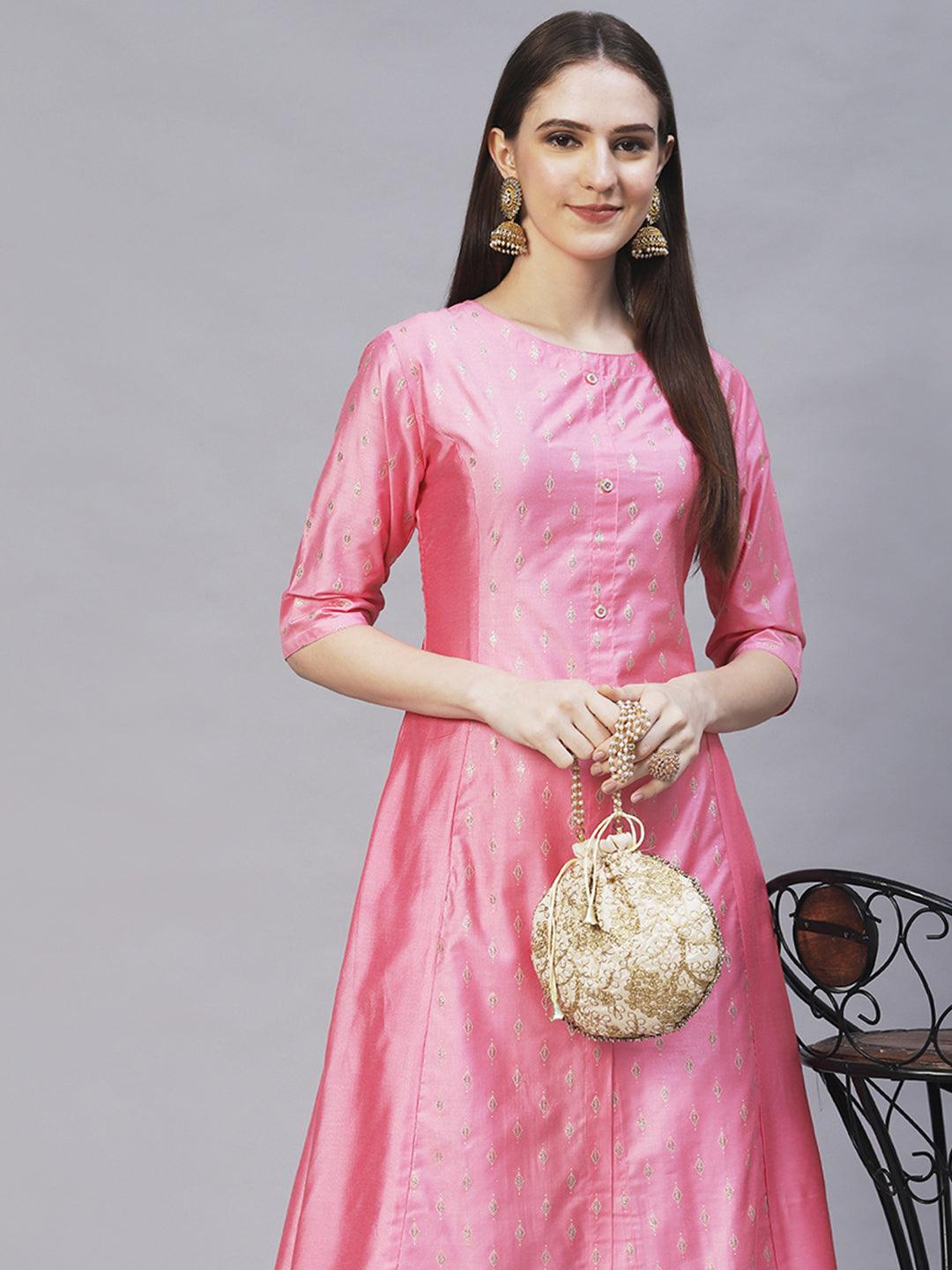 Ethnic Embroidered A-Line Flare Kurta with Pants - Pink - Indiakreations