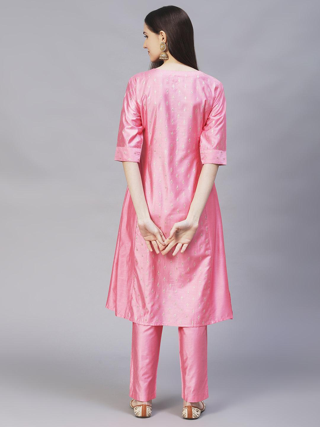 Ethnic Embroidered A-Line Flare Kurta with Pants - Pink - Indiakreations