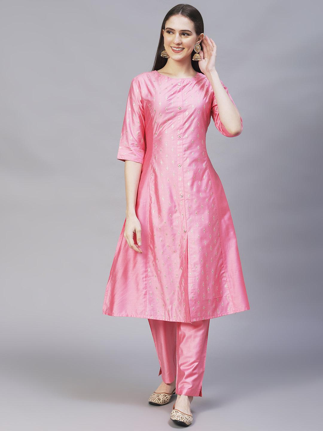 Ethnic Embroidered A-Line Flare Kurta with Pants - Pink - Indiakreations