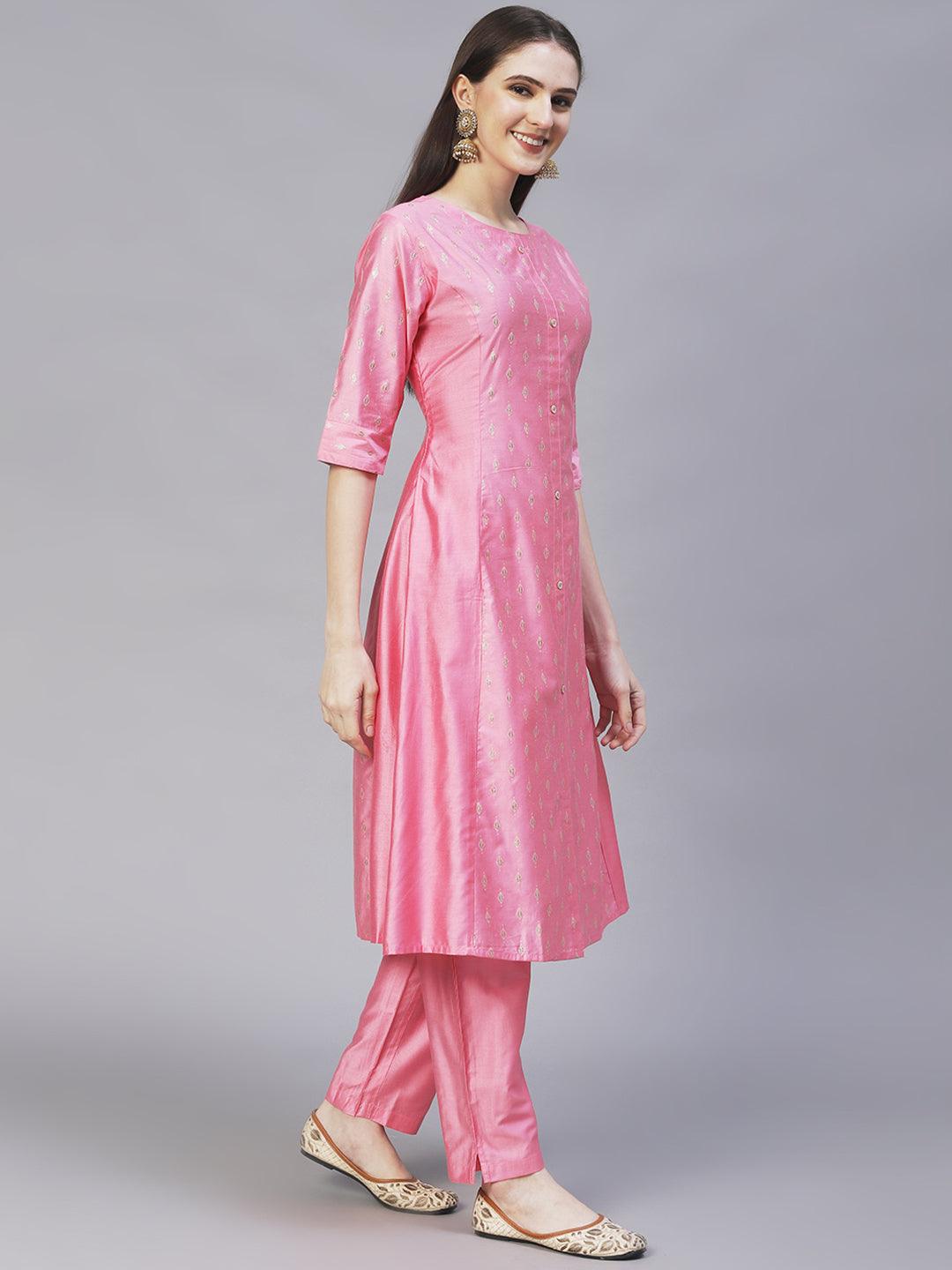 Ethnic Embroidered A-Line Flare Kurta with Pants - Pink - Indiakreations