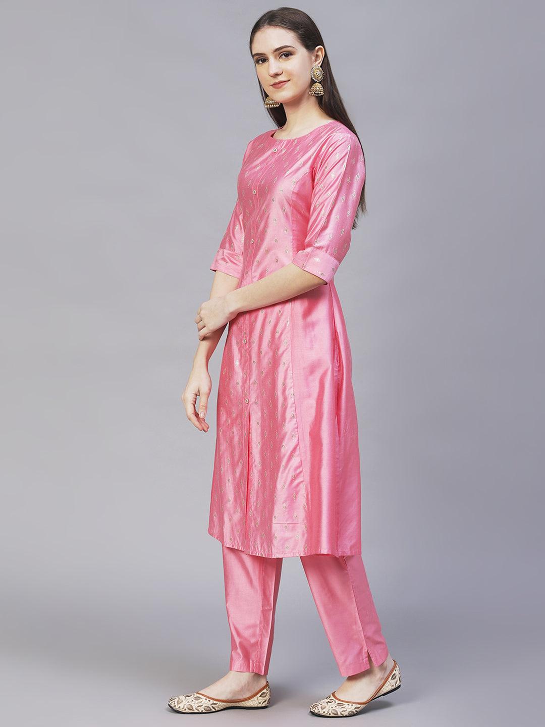 Ethnic Embroidered A-Line Flare Kurta with Pants - Pink - Indiakreations