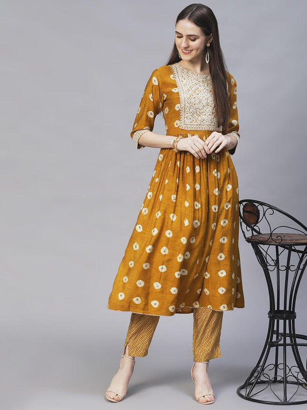 Ethnic Printed & Embroidered A-Line Kurta with Pants - Mustard - Indiakreations