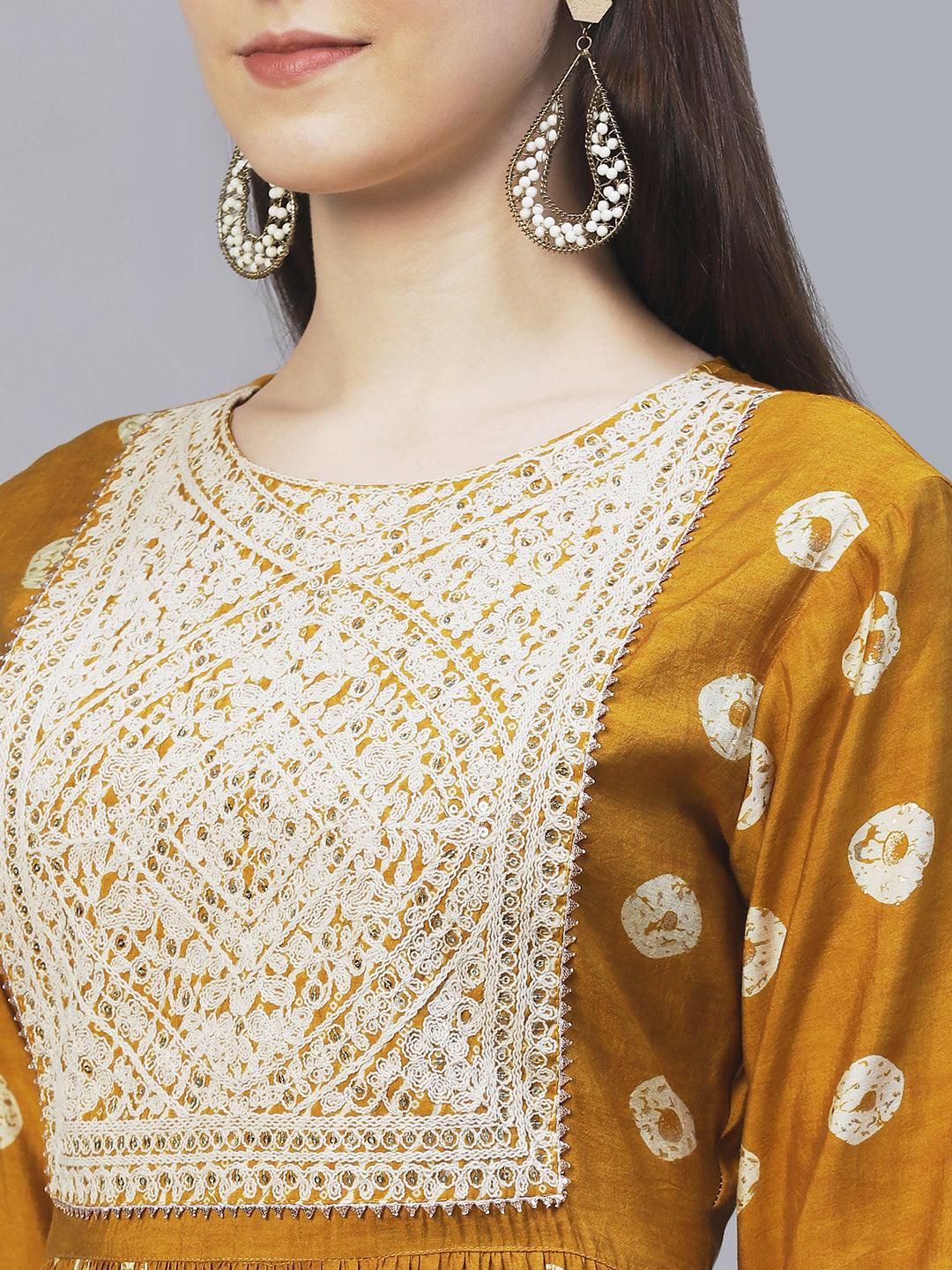 Ethnic Printed & Embroidered A-Line Kurta with Pants - Mustard - Indiakreations