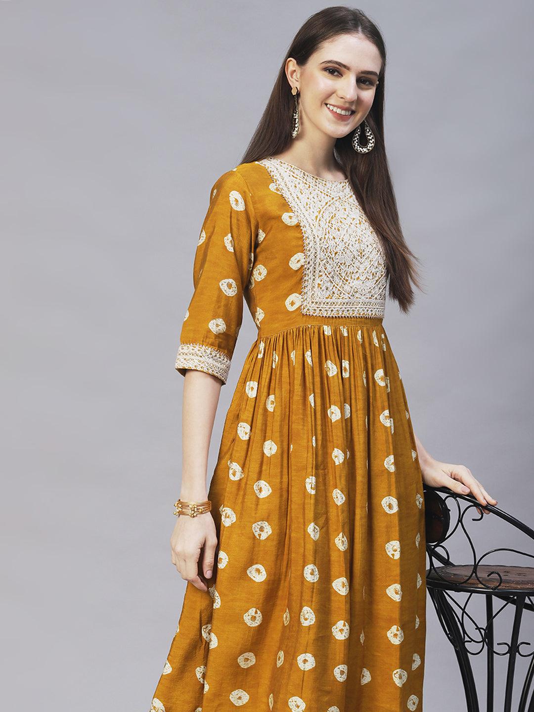 Ethnic Printed & Embroidered A-Line Kurta with Pants - Mustard - Indiakreations