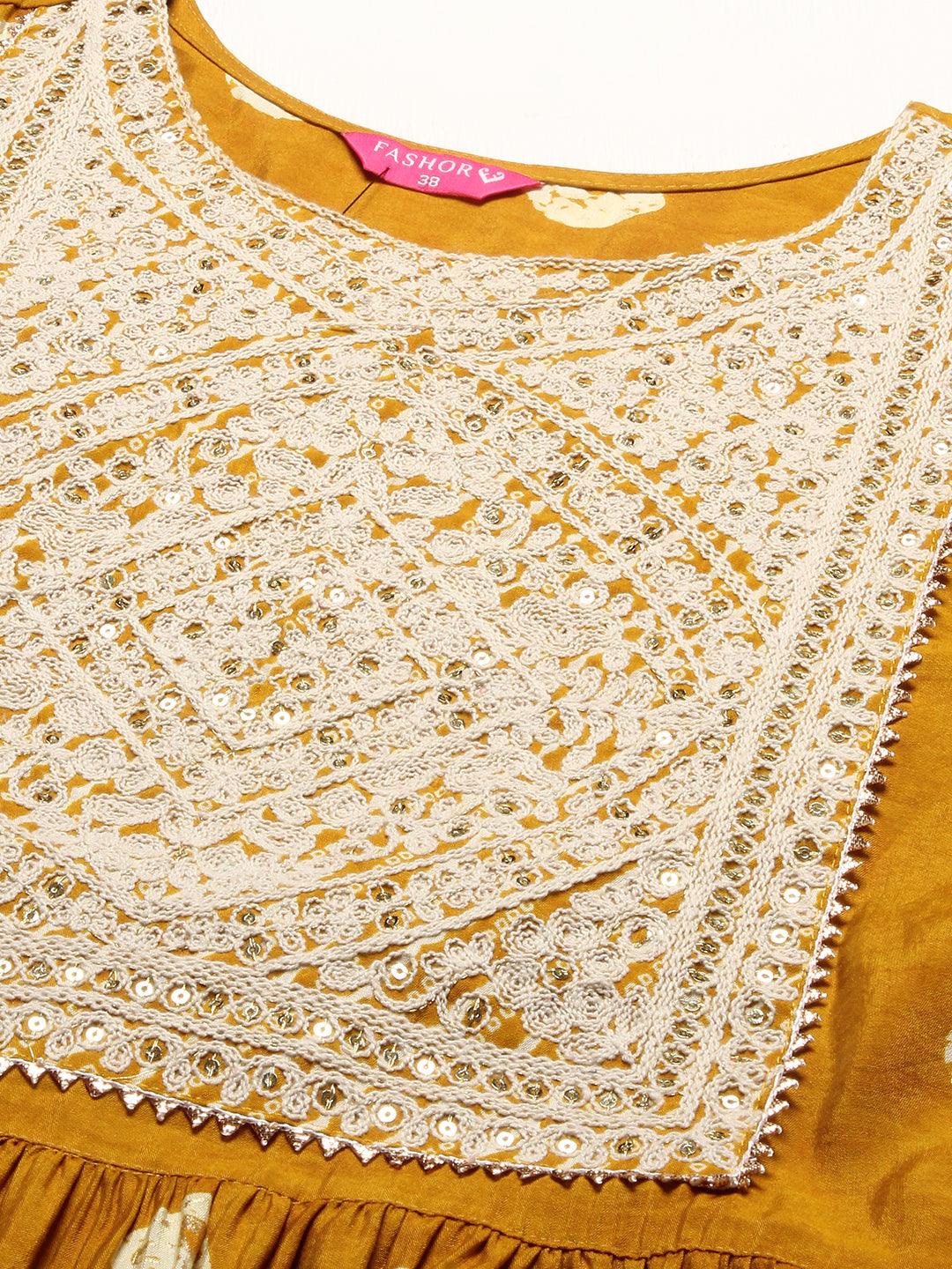 Ethnic Printed & Embroidered A-Line Kurta with Pants - Mustard - Indiakreations