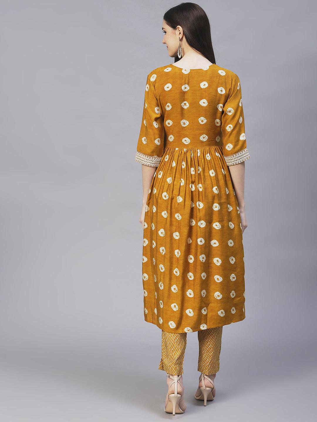 Ethnic Printed & Embroidered A-Line Kurta with Pants - Mustard - Indiakreations