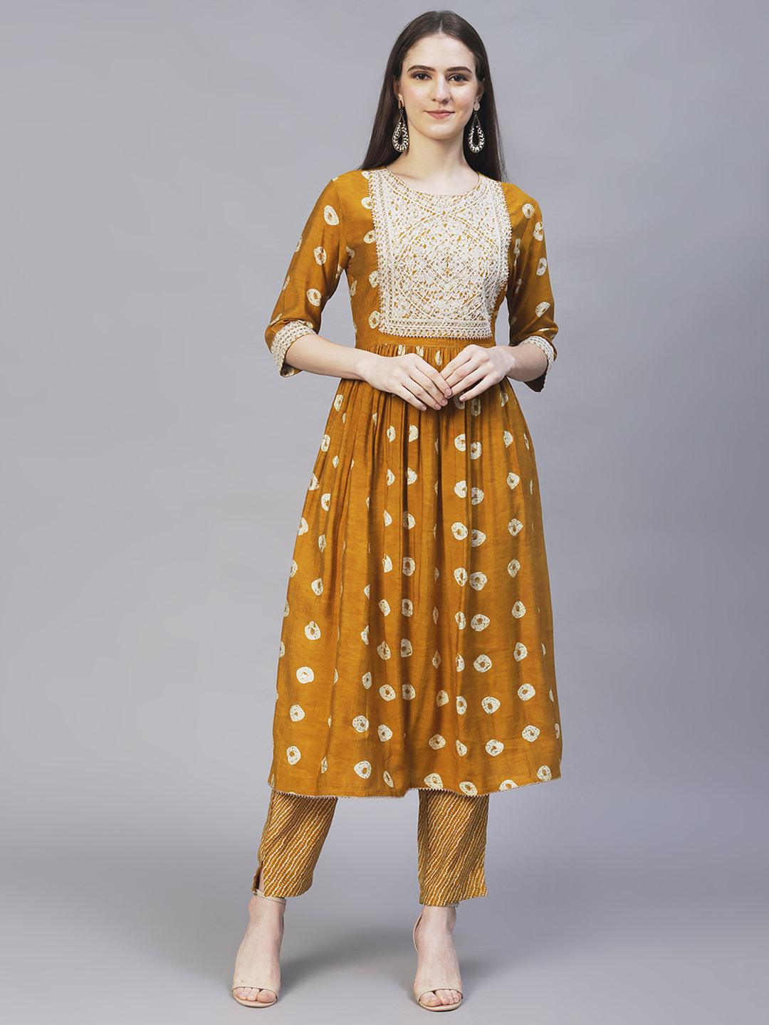 Ethnic Printed & Embroidered A-Line Kurta with Pants - Mustard - Indiakreations