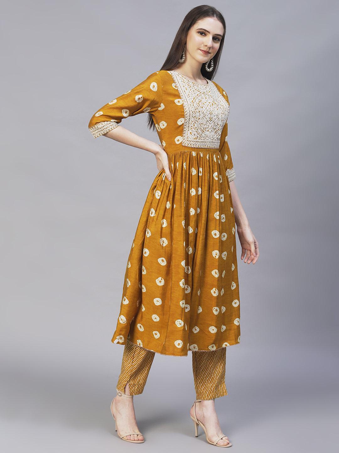 Ethnic Printed & Embroidered A-Line Kurta with Pants - Mustard - Indiakreations