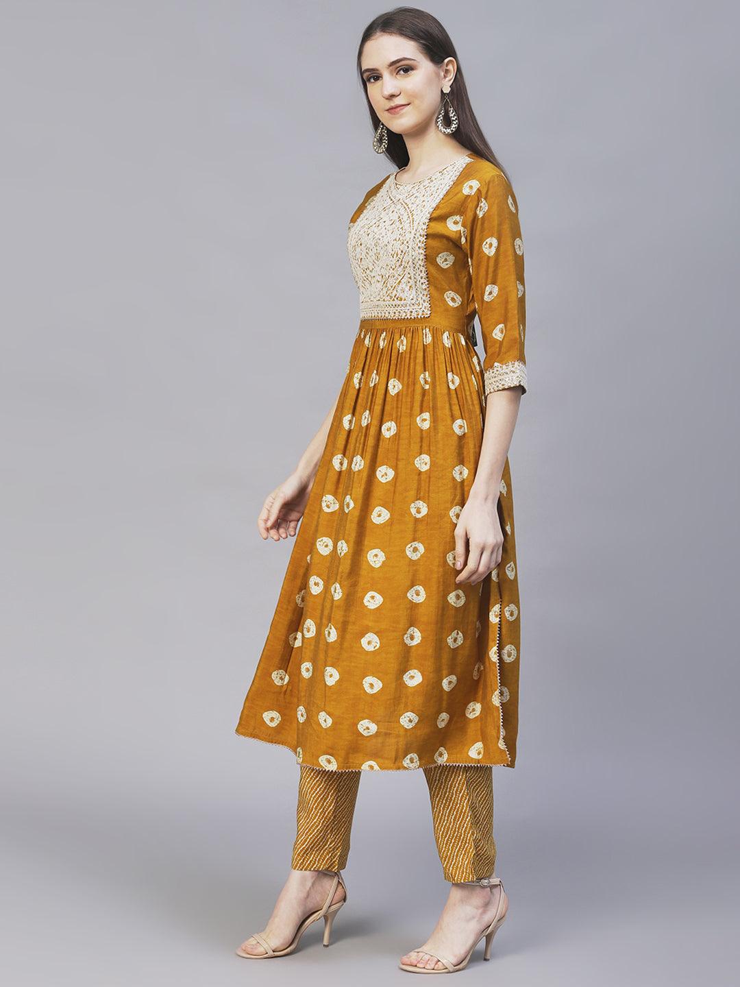 Ethnic Printed & Embroidered A-Line Kurta with Pants - Mustard - Indiakreations