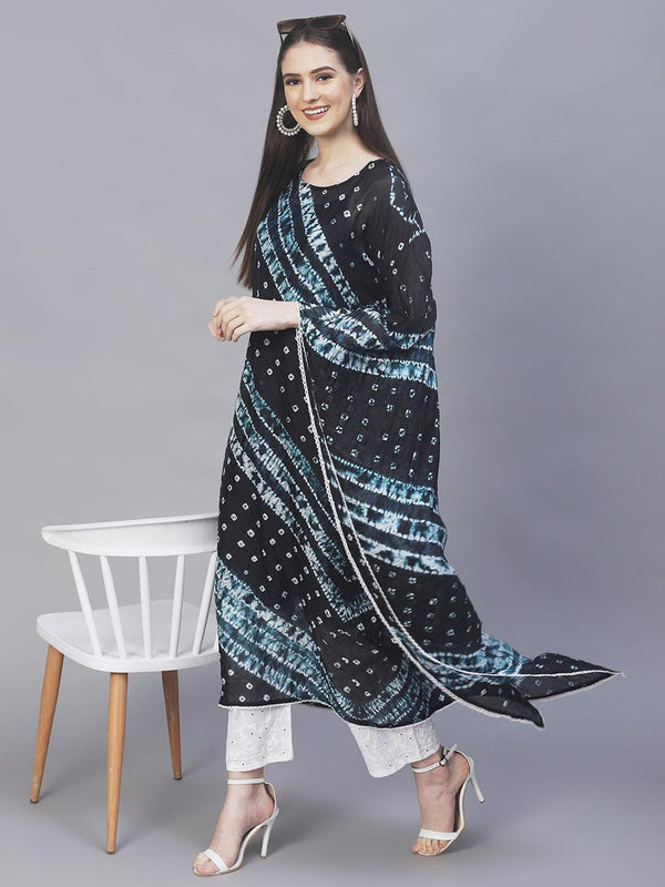 Tie-Dyed Kaftan Kurta with Pants - Black - Indiakreations