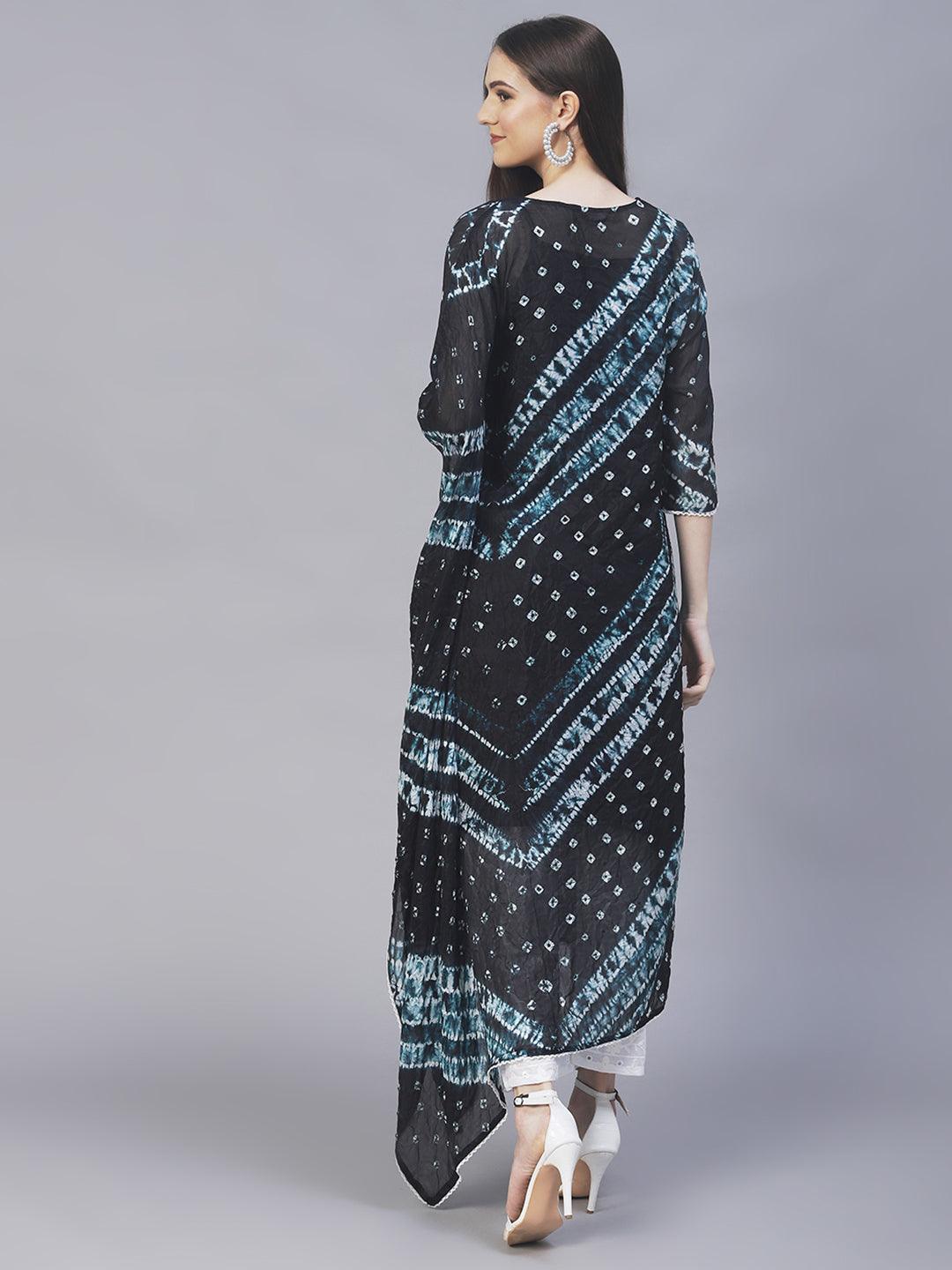 Tie-Dyed Kaftan Kurta with Pants - Black - Indiakreations