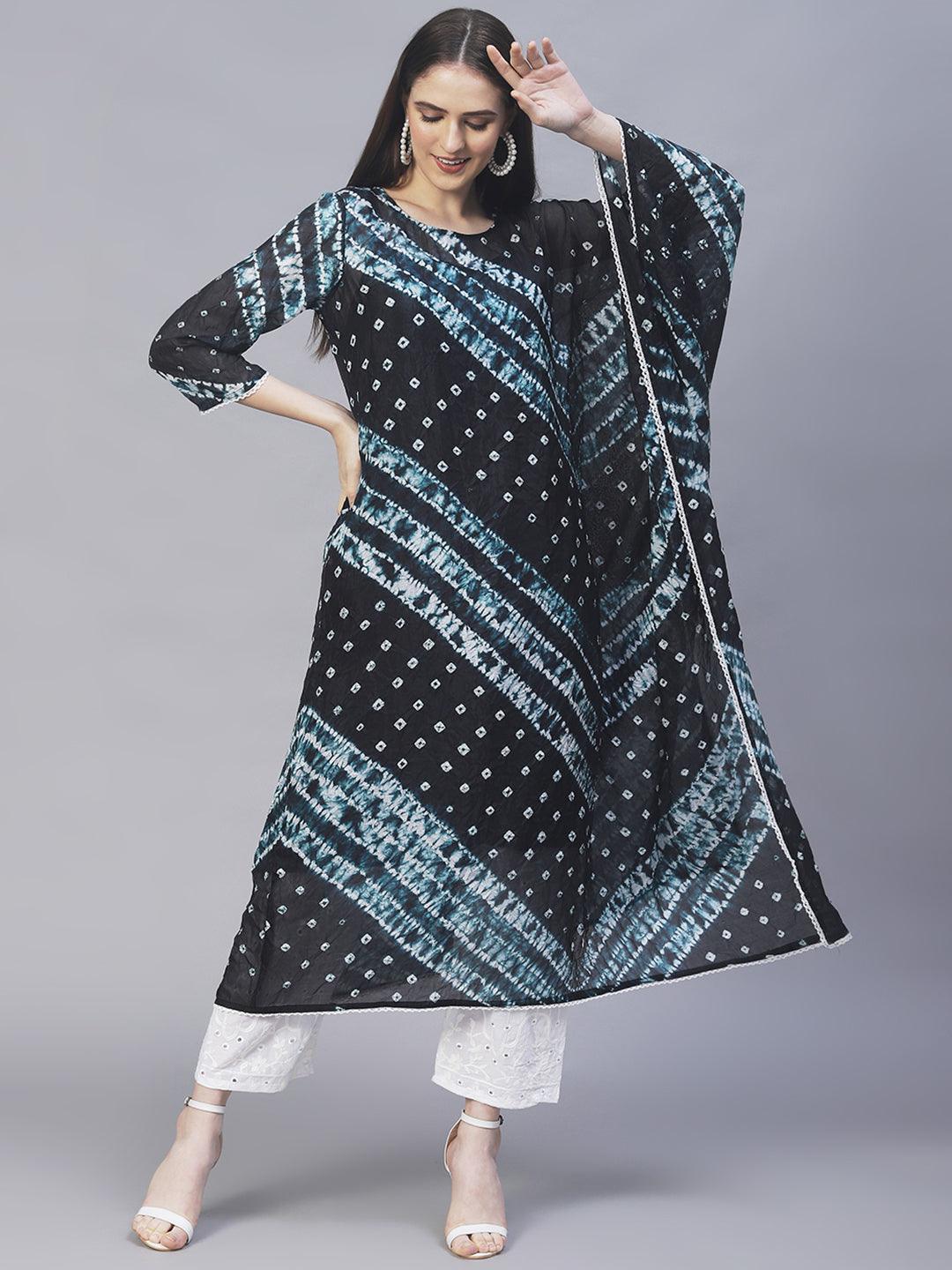 Tie-Dyed Kaftan Kurta with Pants - Black - Indiakreations