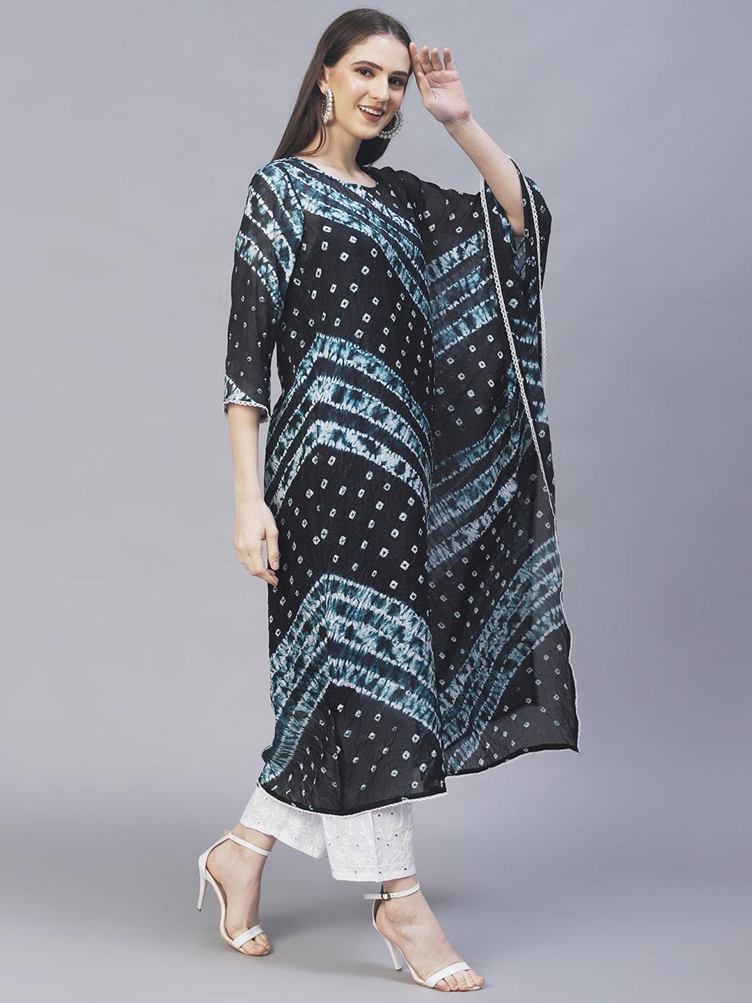 Tie-Dyed Kaftan Kurta with Pants - Black - Indiakreations