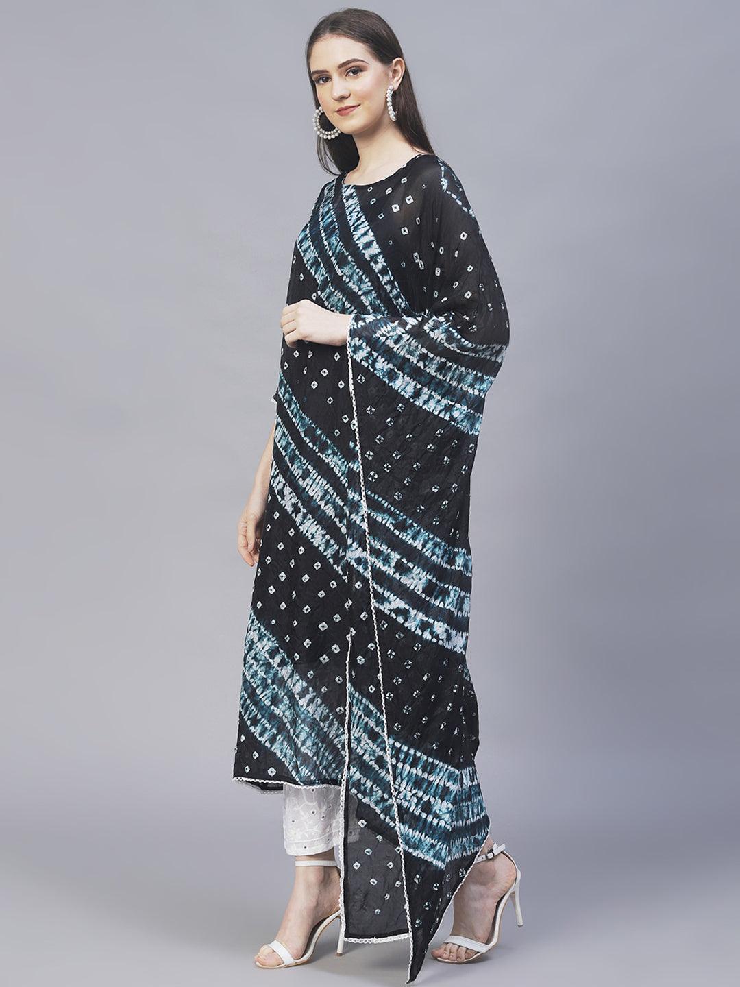 Tie-Dyed Kaftan Kurta with Pants - Black - Indiakreations