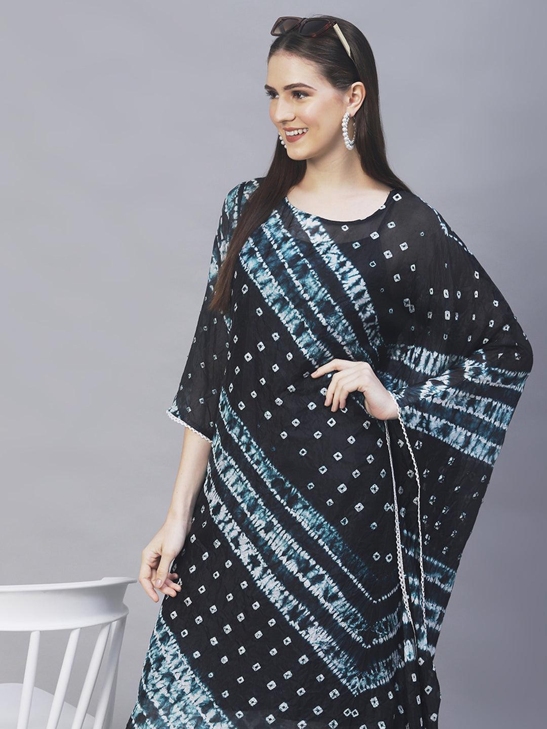 Tie-Dyed Kaftan Kurta with Pants - Black - Indiakreations